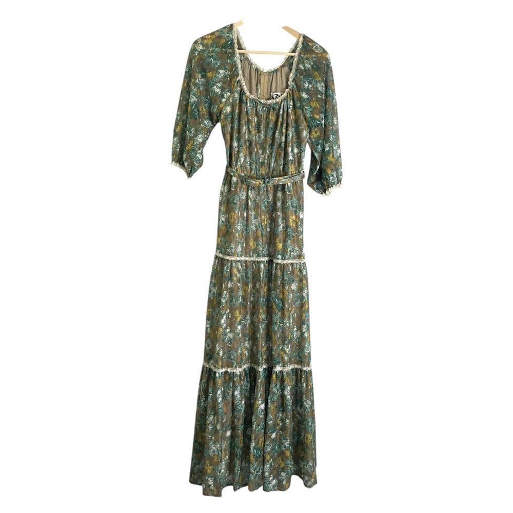 Vintage Kati for Laura Phillips 1970s Maxi Dress Green Blue Floral 12
